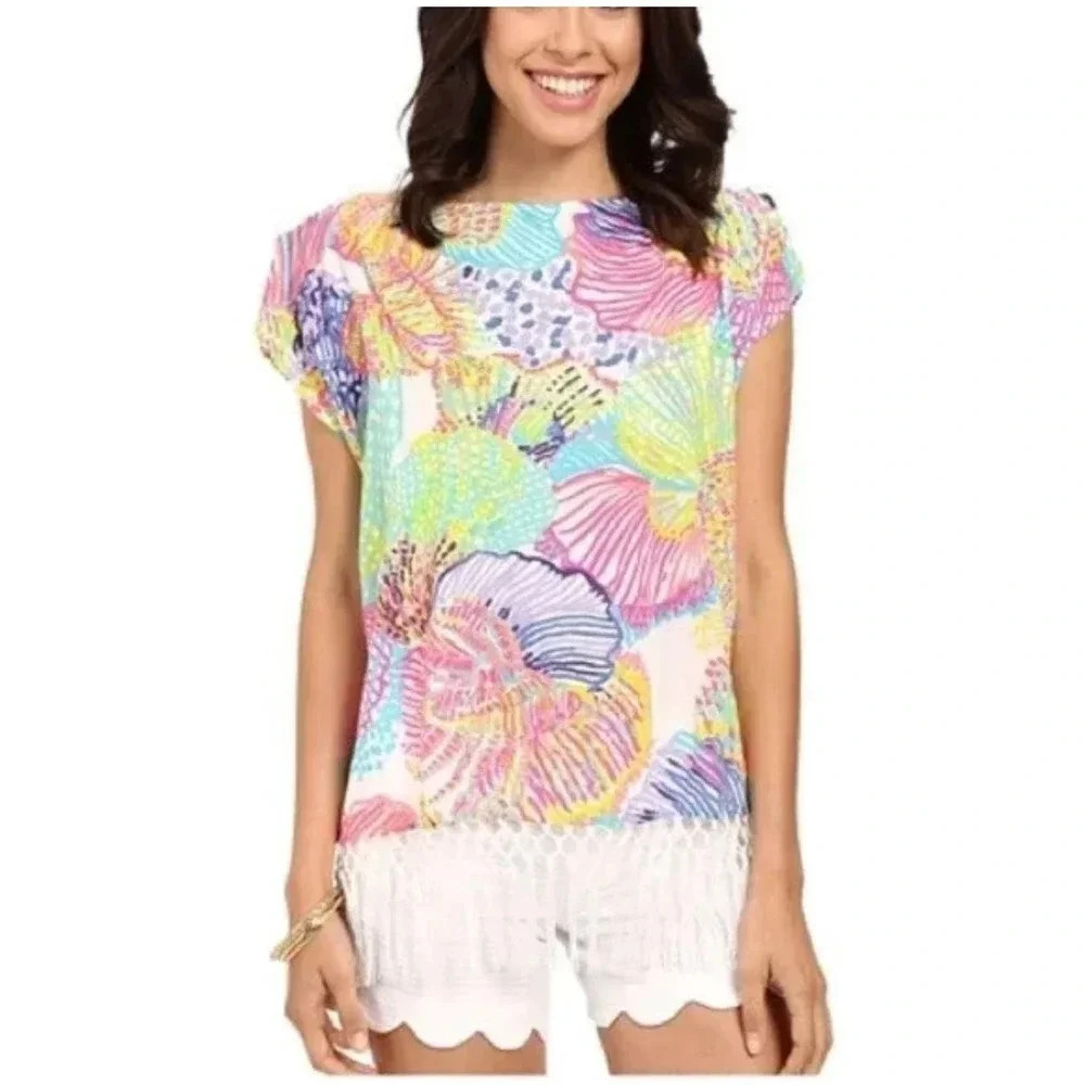 EUC Lilly Pulitzer Jasmine Caftan Fringe Top Tunic - Tropical Resortwear Floral